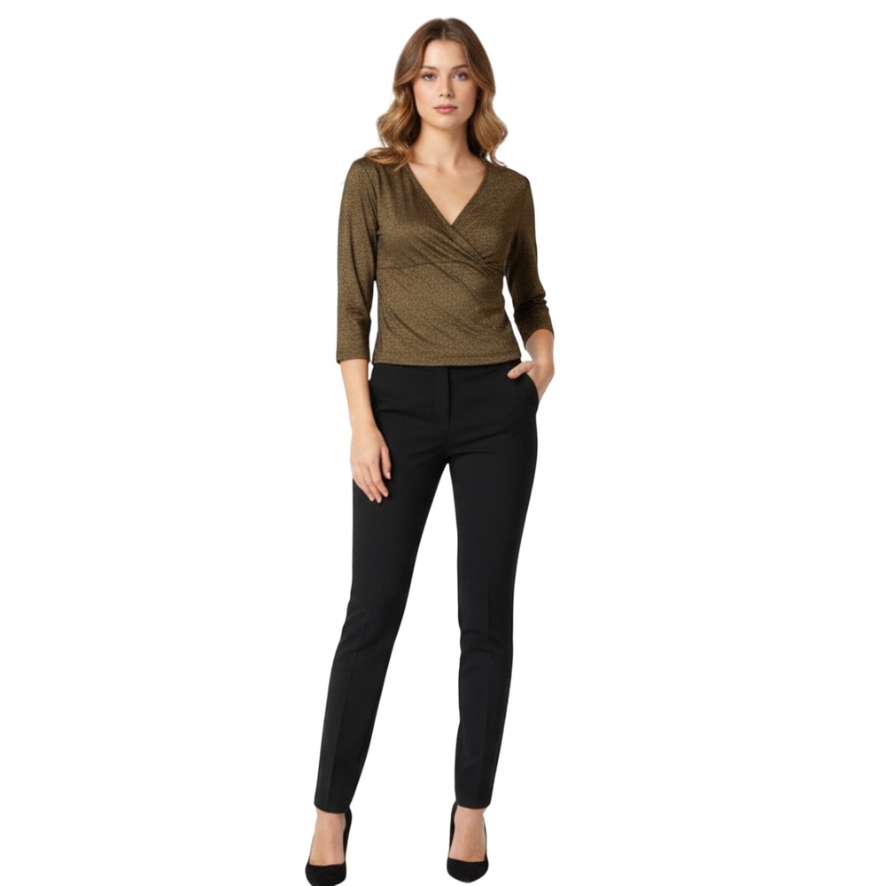 Esprit De Corp Women Gold Metallic Wrap V-Neck 3/4 Sleeve Top Small vintage‎